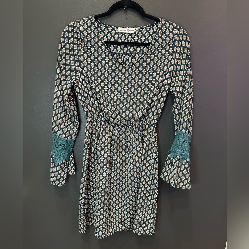 Altar'd State | Patterned Crochet Bell Sleeve Mini Dress